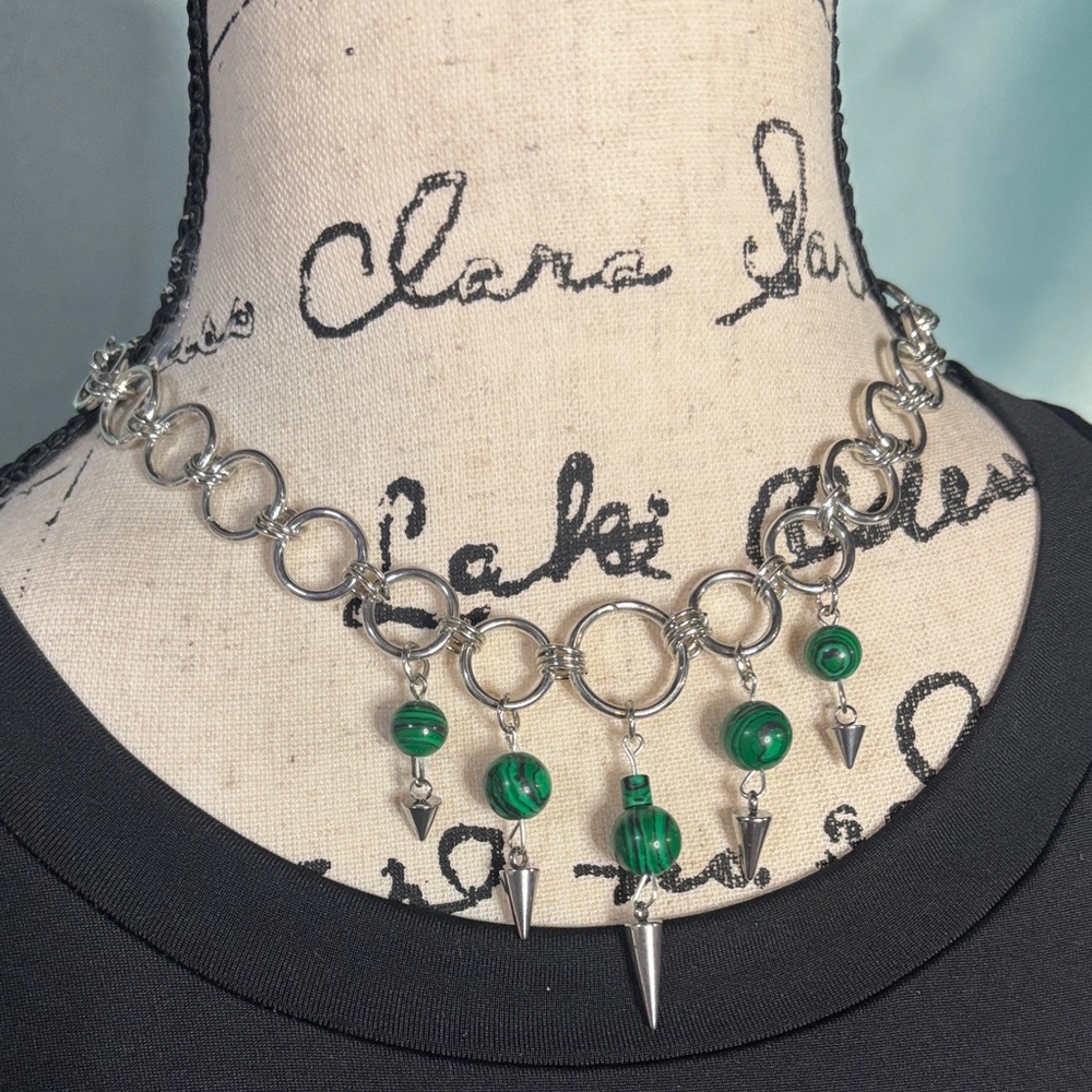 Hand crafted Green Malachite Spike Chain Necklace Metalwork Asthetic Brutalist